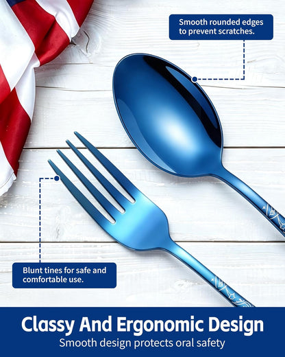 24-piece patriotic blue stainless steel flatware set with laser engraved Bald Eagle and Statue of Liberty designs, forks and spoons for 12, 4th of July party supplies