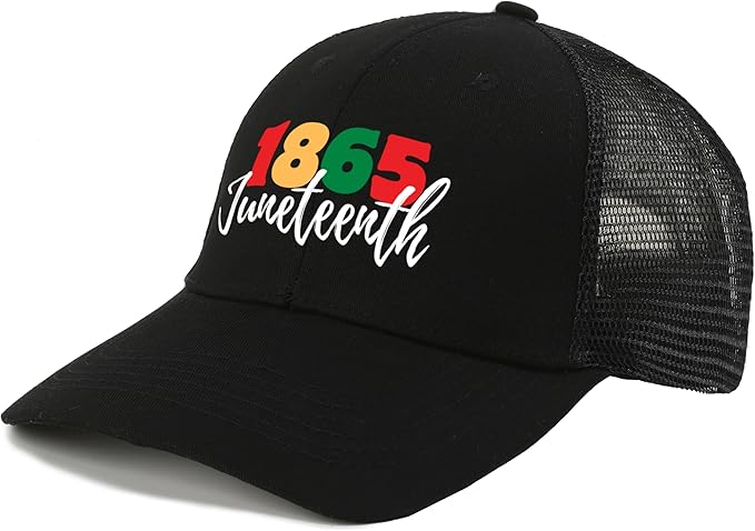 Black Juneteenth trucker hat with Celebrate 1865 design for men and women
