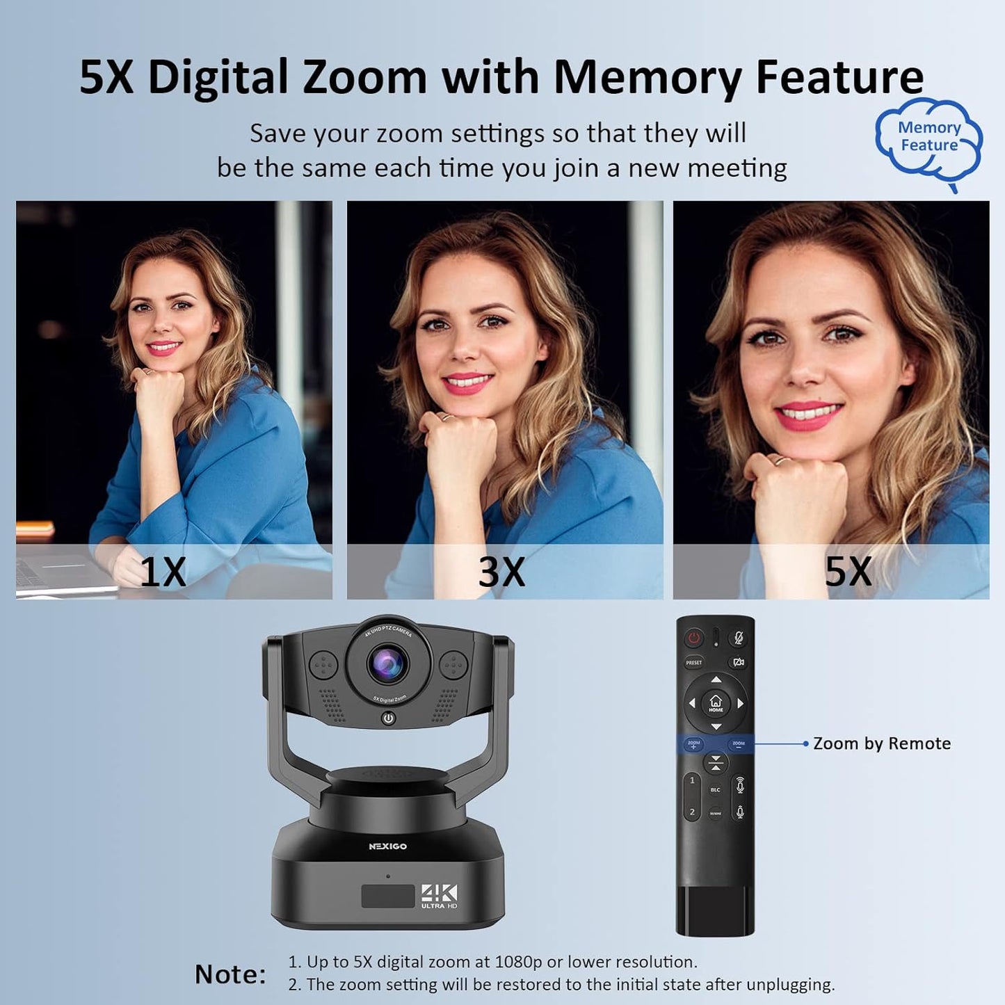 NexiGo N990 4K PTZ Zoomable Webcam, Video Conference Camera System with 5X Digital Zoom, Sony Starvis Sensor, Position Preset, Dual Stereo Mics, Audio Jacks for External Mics (Renewed)