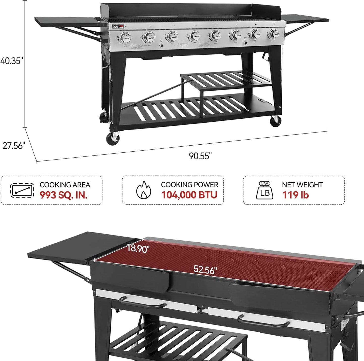 Royal Gourmet 8-Burner Gas Grill — 104,000 BTU Liquid Propane Grill with Dual Control Systems