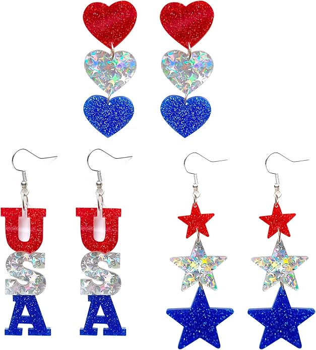 Patriotic red white blue USA star glitter acrylic dangle drop earrings for women 4th of July
