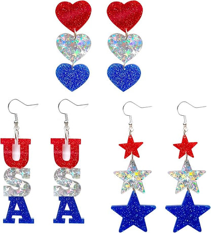 Patriotic red white blue USA star glitter acrylic dangle drop earrings for women 4th of July