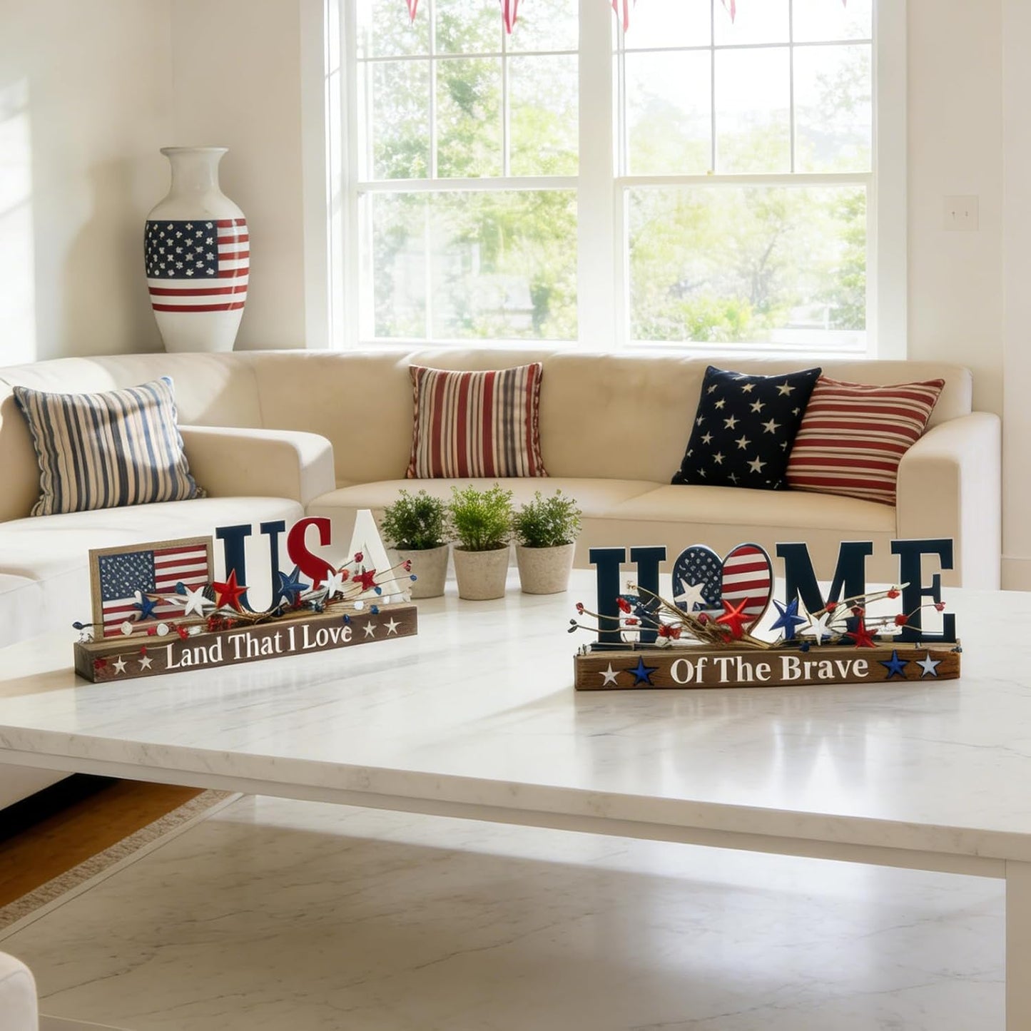 2 piece patriotic USA and Home wooden tabletop signs with red white blue berry stars for Memorial Day 4th of July tiered tray and home office decor