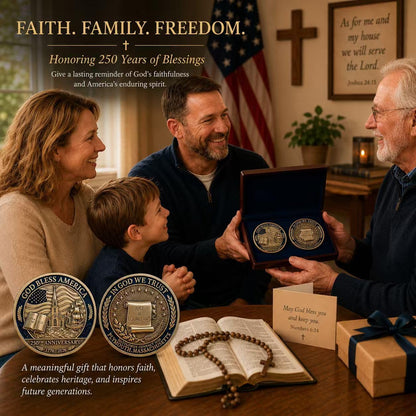 USA 250th Anniversary Christian Faith Commemorative Coin (1776–2026) — God Bless America Patriotic Challenge Coin | Mayflower Compact & Declaration of Independence