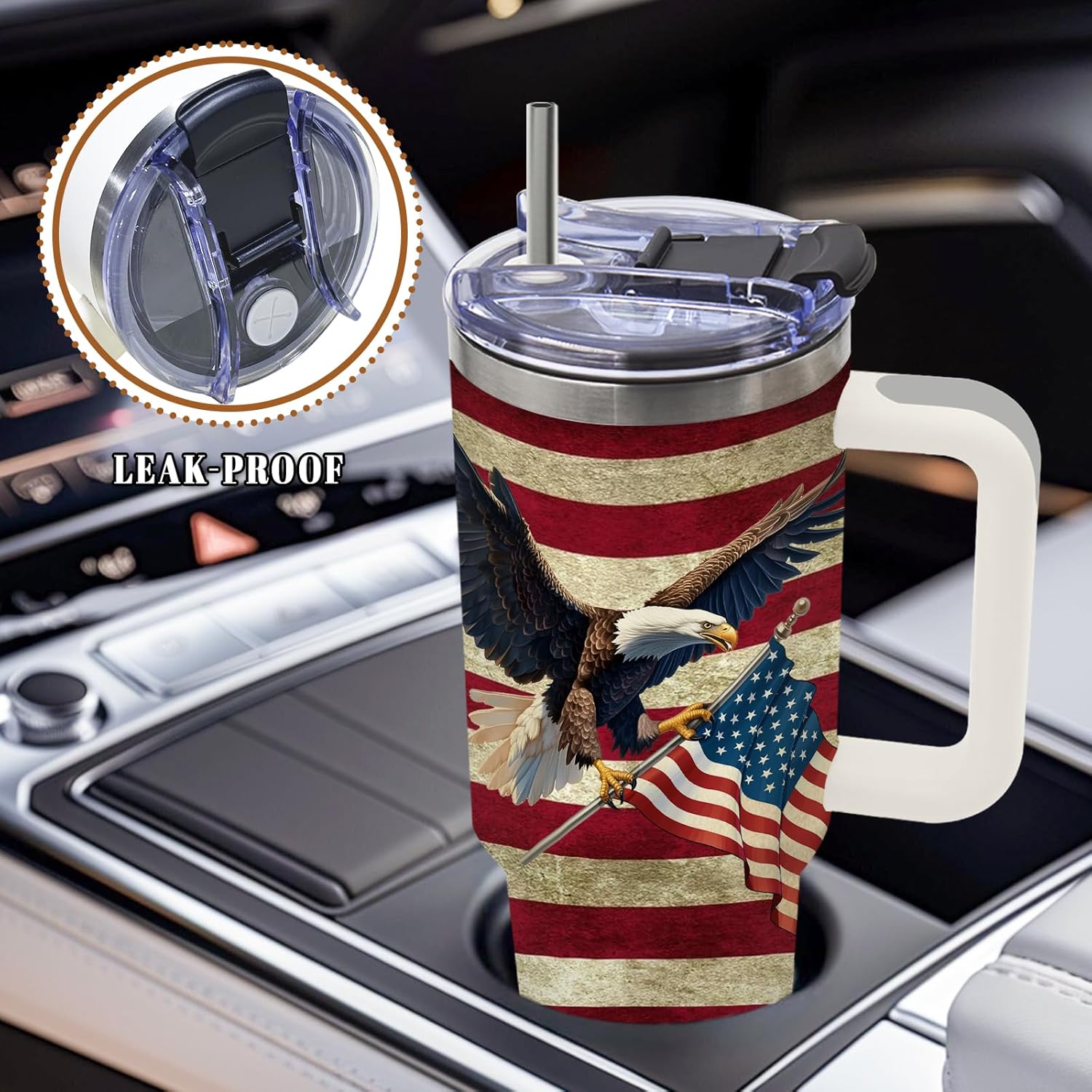 DUUV 40oz eagle American flag insulated tumbler in vintage patriotic design on a rustic outdoor background