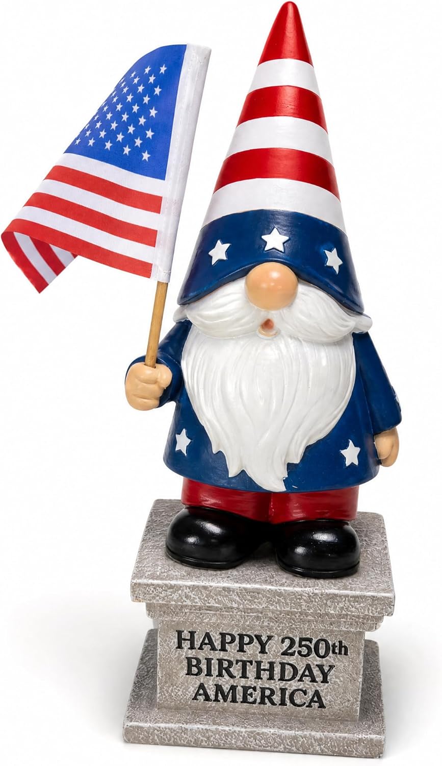 12 inch 4th of July patriotic garden gnome with solar lantern displayed on a lawn as outdoor American flag yard decoration for Independence Day and Memorial Day
