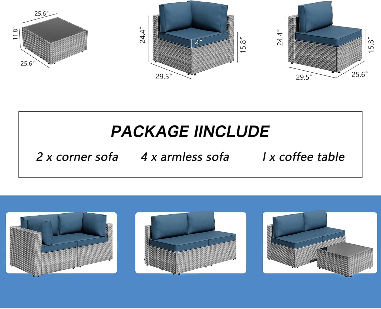 Shintenchi 7-piece outdoor patio furniture set with gray PE wicker modular sectional sofa and Aegean Blue washable cushions for backyard and deck