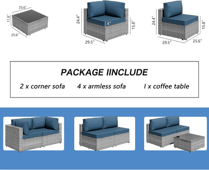 Shintenchi 7-piece outdoor patio furniture set with gray PE wicker modular sectional sofa and Aegean Blue washable cushions for backyard and deck