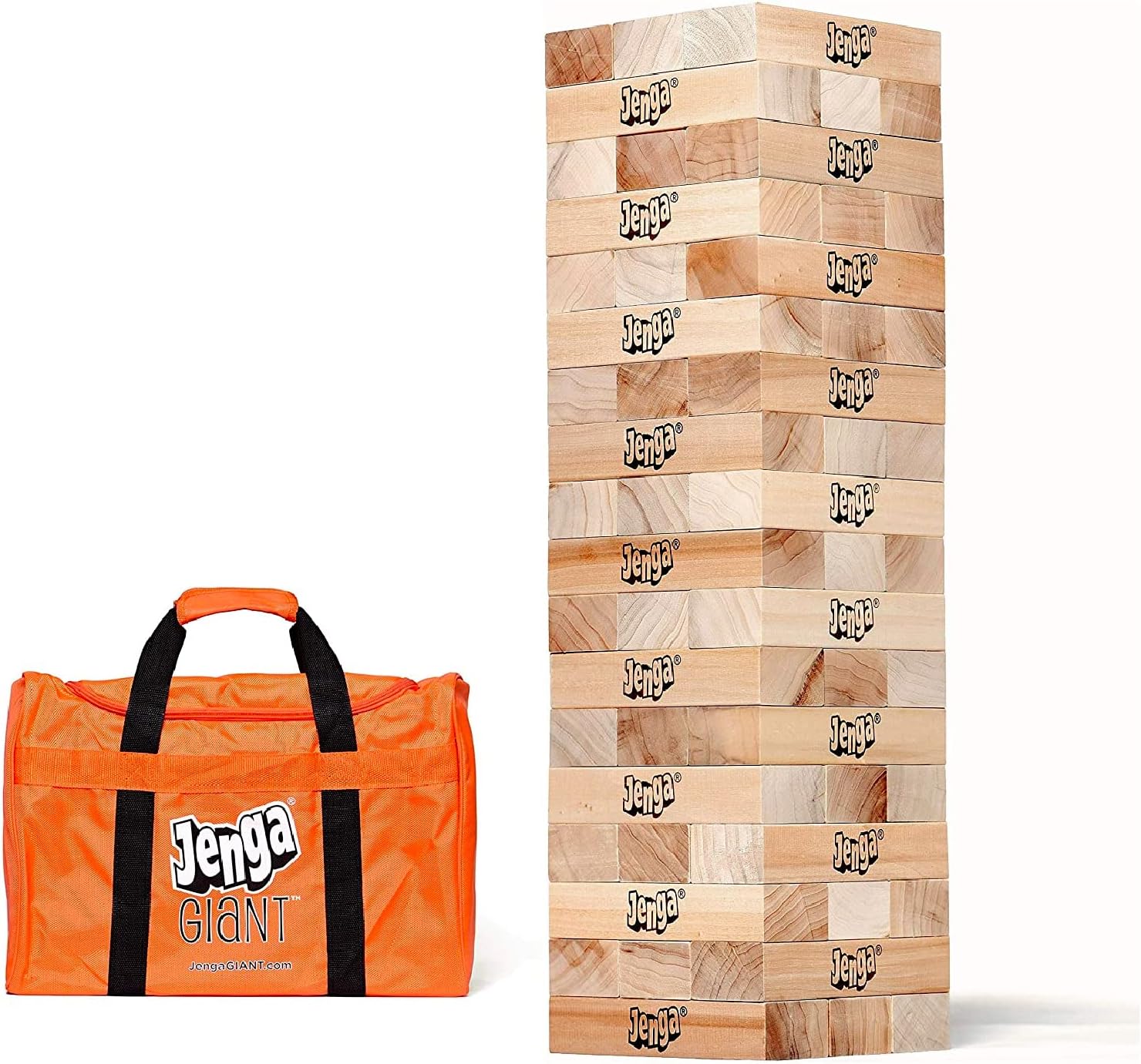 Jenga GIANT hardwood stacking game tower over 5 feet tall with 54 wood blocks set up outdoors at a backyard party