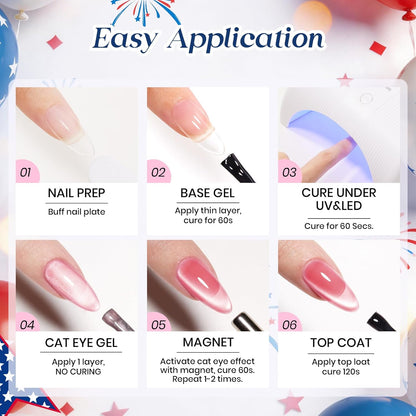 Beetles 4th of July gel nail polish set with 6 red white and blue cat eye and glitter shades displayed with magnet and nail stickers as a patriotic DIY nail art gift for women