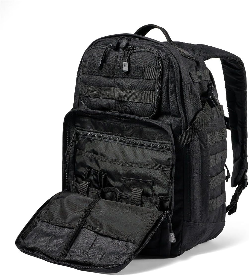 5.11 Tactical RUSH 24 2.0 37L military backpack in black with MOLLE webbing, padded shoulder straps and multiple compartments, ideal for veterans and law enforcement.