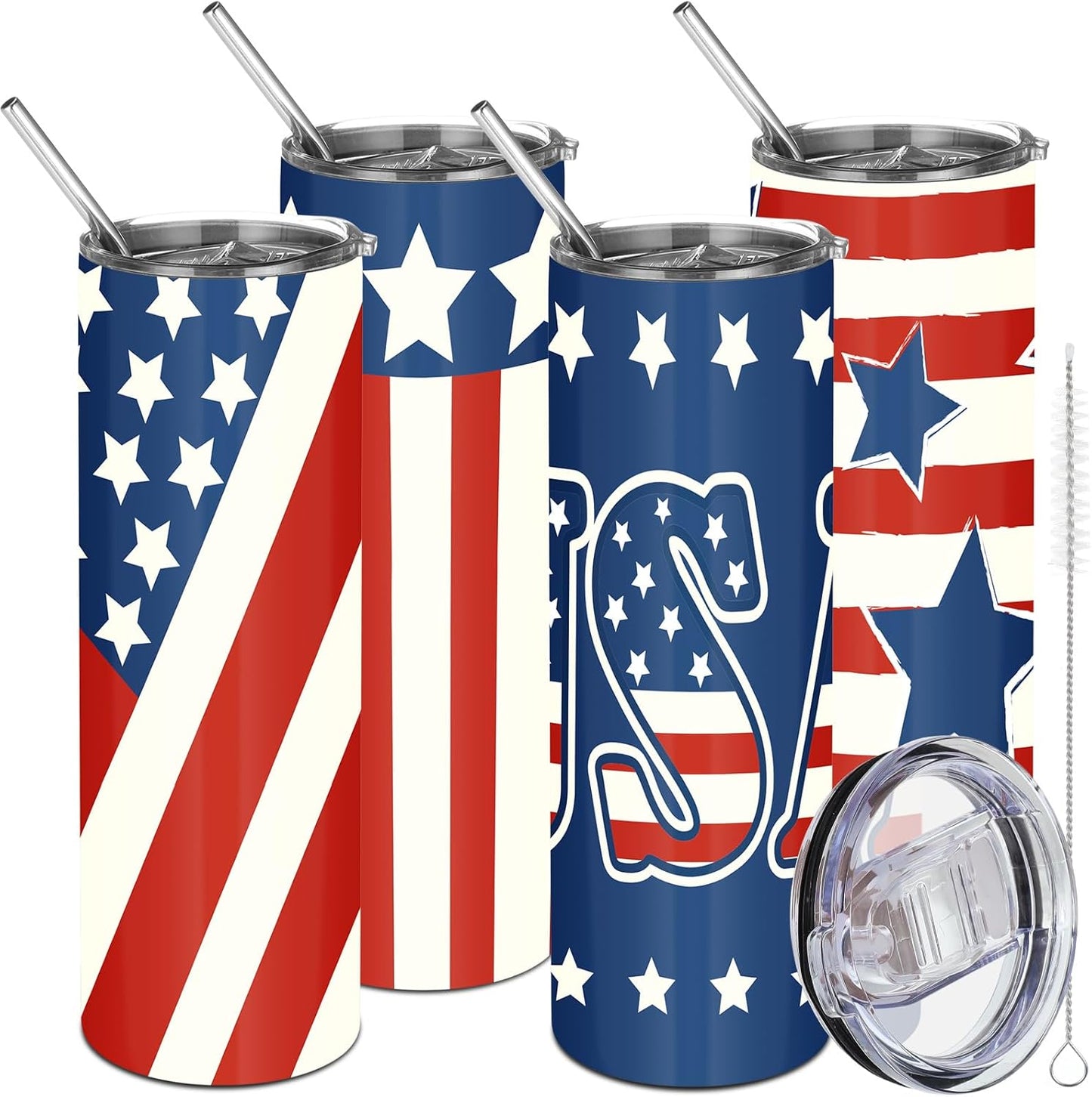 4 pack of 20oz American flag stainless steel insulated tumblers with lid straw and brush displayed as patriotic gifts for veterans and Father's Day