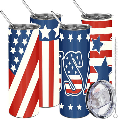 4 pack of 20oz American flag stainless steel insulated tumblers with lid straw and brush displayed as patriotic gifts for veterans and Father's Day