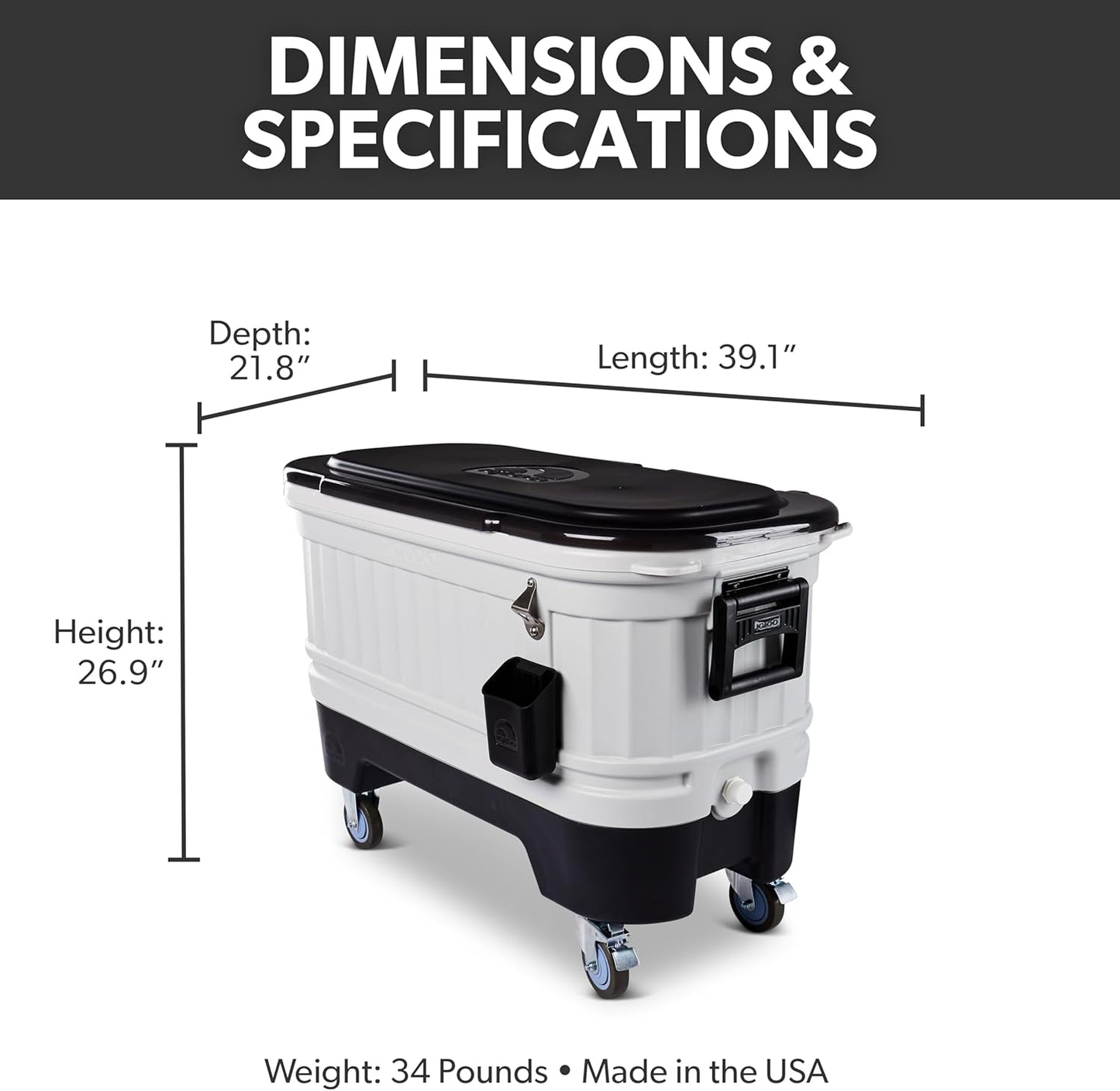 Igloo Party Bar 125 quart rolling hard cooler in gray with removable beverage tub lid, wheeled base, and stainless steel bottle opener for outdoor entertaining