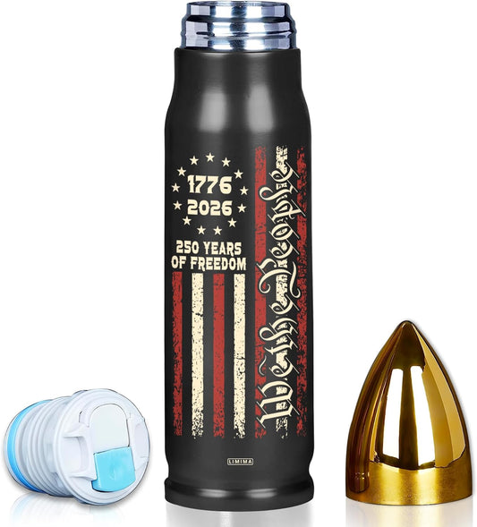250th Anniversary USA flag We The People tumbler displayed as a patriotic gift for men on a clean background