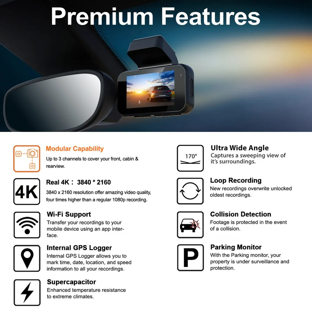 Rexing V5 bundle 3-channel 4K dash cam with Wi-Fi and GPS showing front interior and rear camera views — Veterans Value Hub