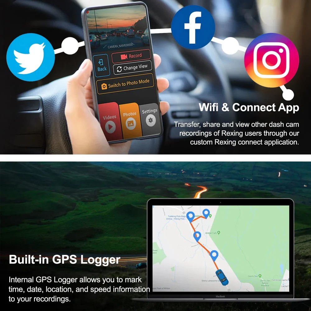 Rexing V5 bundle 3-channel 4K dash cam with Wi-Fi and GPS showing front interior and rear camera views — Veterans Value Hub