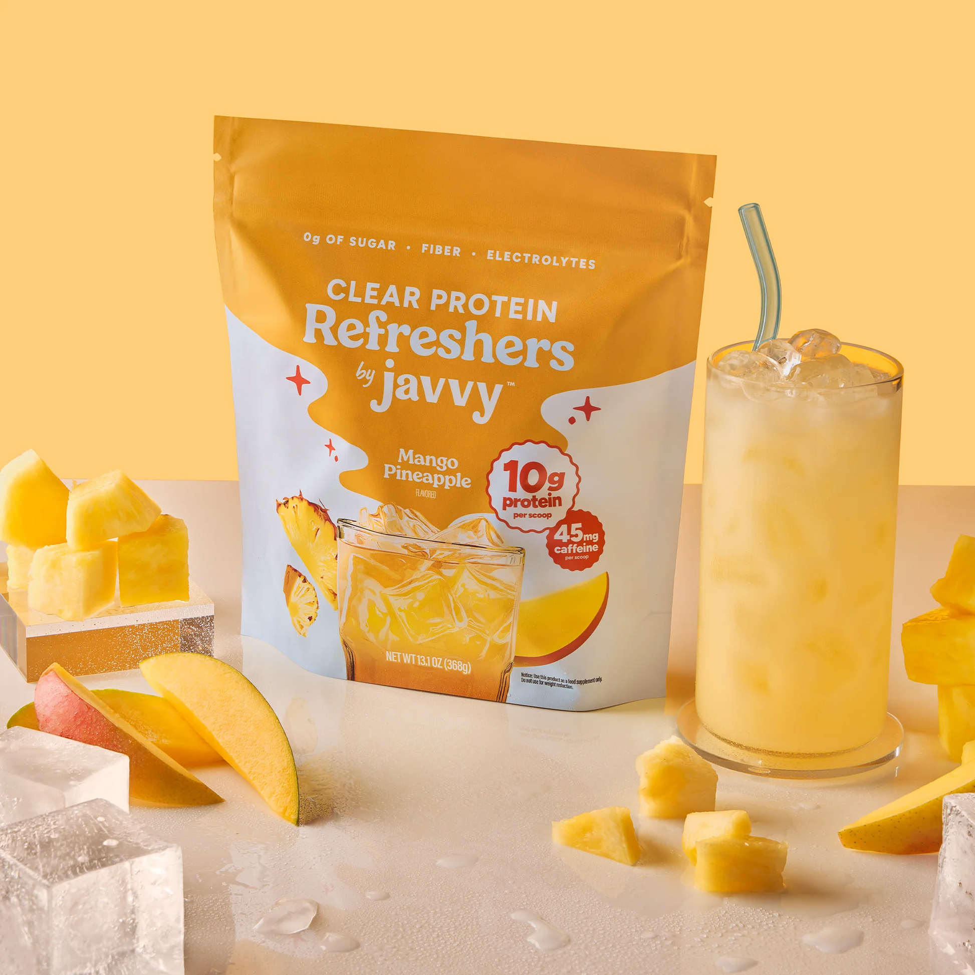 Protein Refreshers Clear Protein Drink Mix in Mango Pineapple flavor — 10g protein, collagen, electrolytes, and prebiotics per scoop, no artificial sweeteners