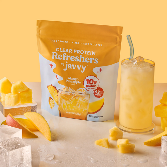 Protein Refreshers Clear Protein Drink Mix in Mango Pineapple flavor — 10g protein, collagen, electrolytes, and prebiotics per scoop, no artificial sweeteners