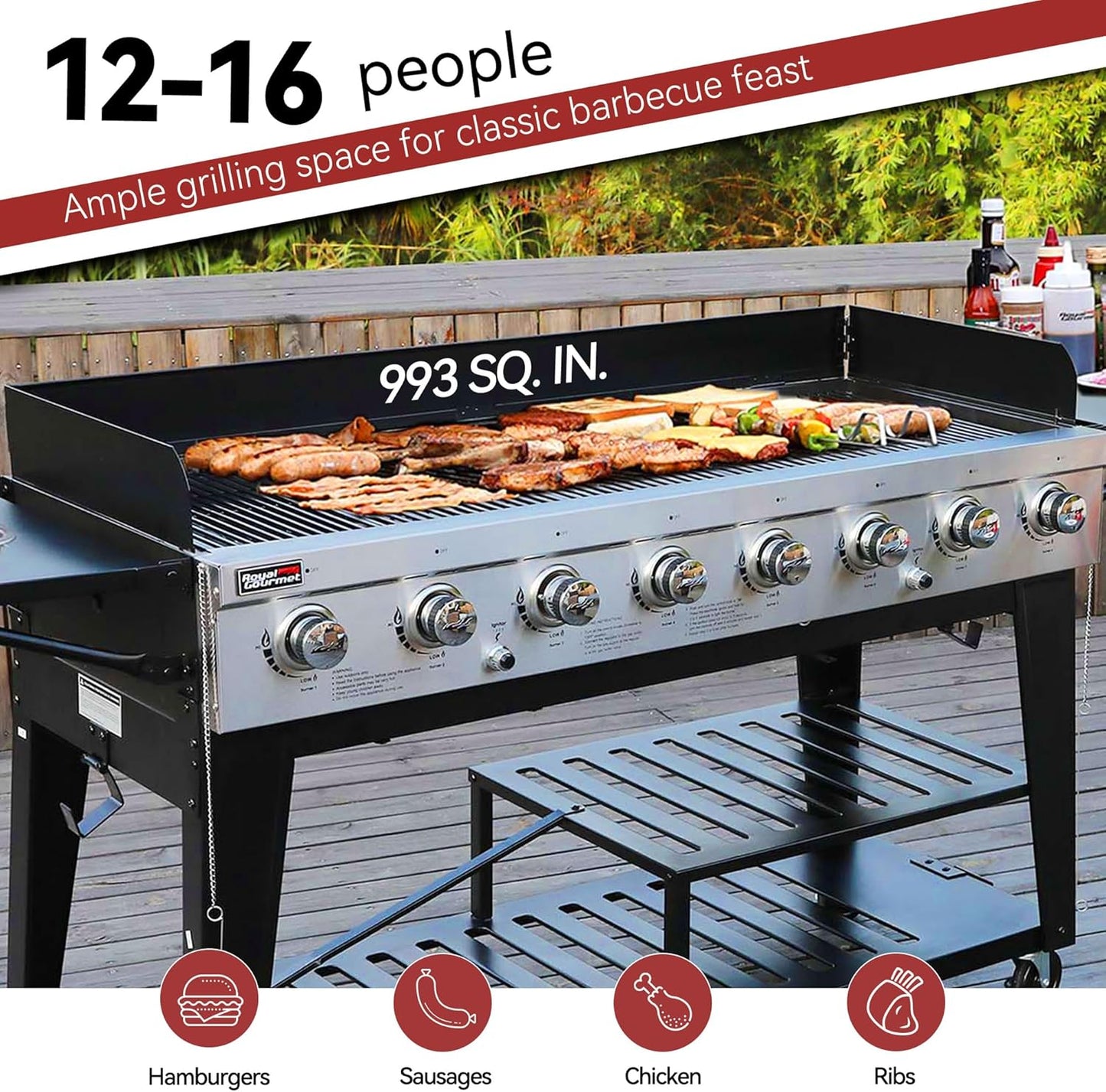 Royal Gourmet 8-burner black liquid propane gas grill with dual independently controlled systems for outdoor BBQ