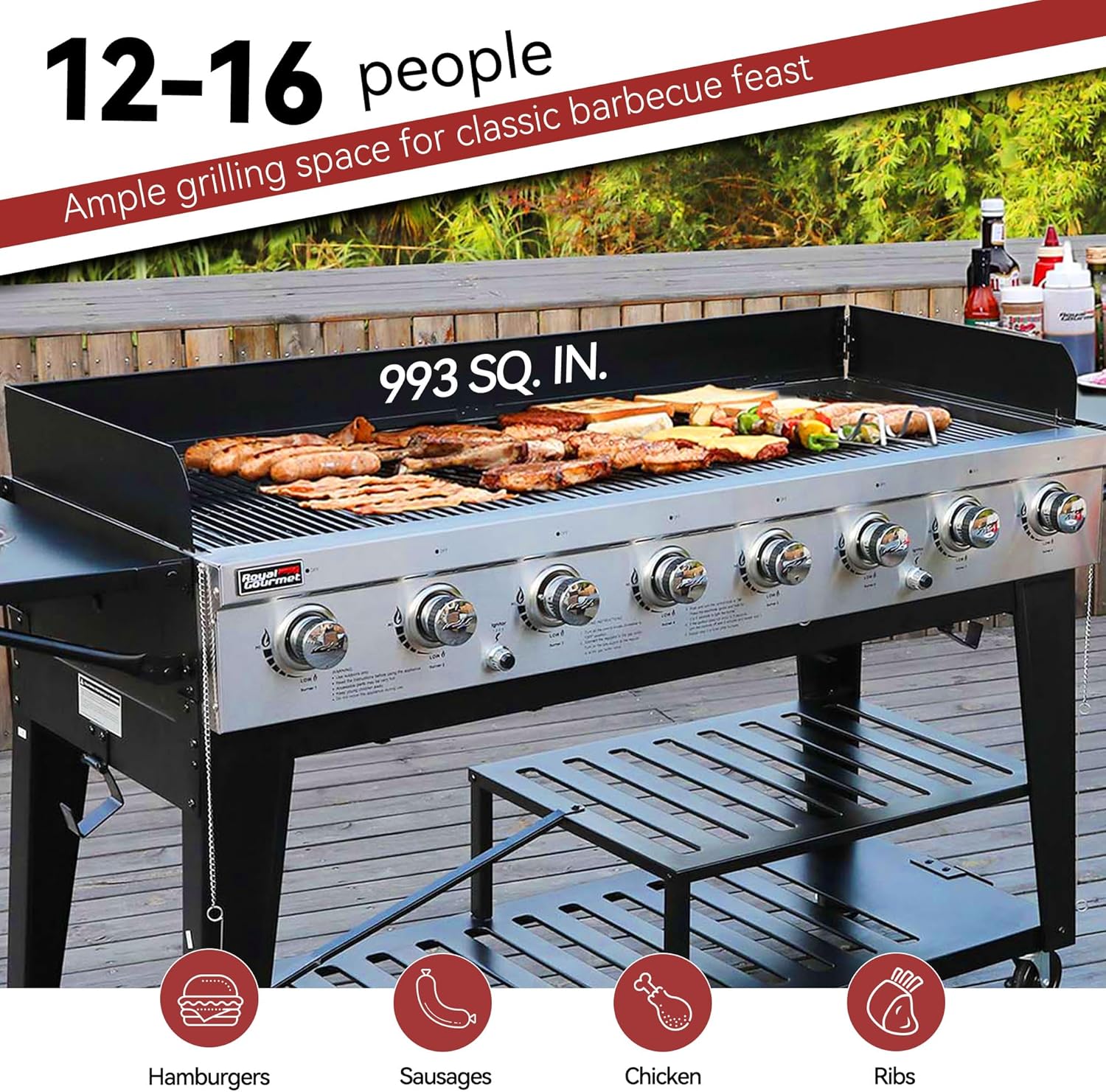 Royal Gourmet 8-burner black liquid propane gas grill with dual independently controlled systems for outdoor BBQ