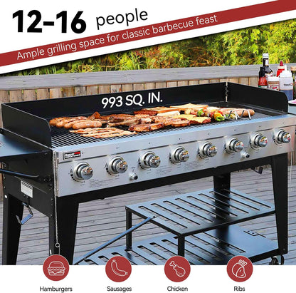 Royal Gourmet 8-burner black liquid propane gas grill with dual independently controlled systems for outdoor BBQ
