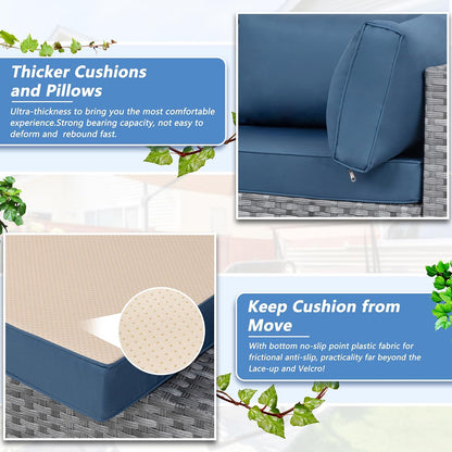 Shintenchi 7-piece outdoor patio furniture set with gray PE wicker modular sectional sofa and Aegean Blue washable cushions for backyard and deck