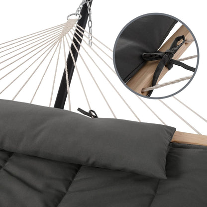 SUNCREAT double outdoor hammock in dark gray with quilted polyester pad and steel stand set up in backyard for two person lounging