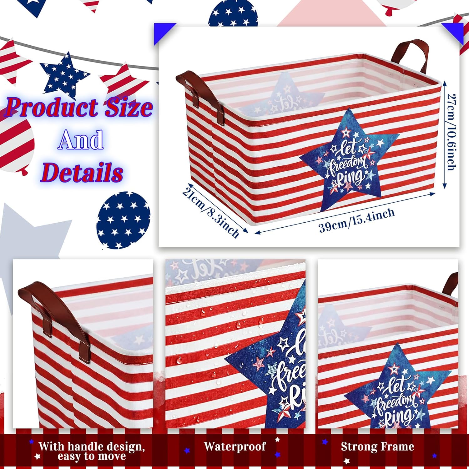 6 pack of collapsible red white and blue patriotic storage baskets with American flag design and handles displayed for 4th of July party and home organization