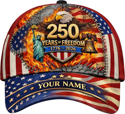 Personalized 250th Anniversary USA patriotic baseball cap with custom name embroidery 1776-2026