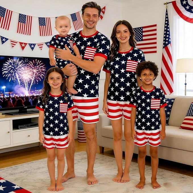 Family matching 4th of July patriotic stars and stripes pajama set for adults and kids