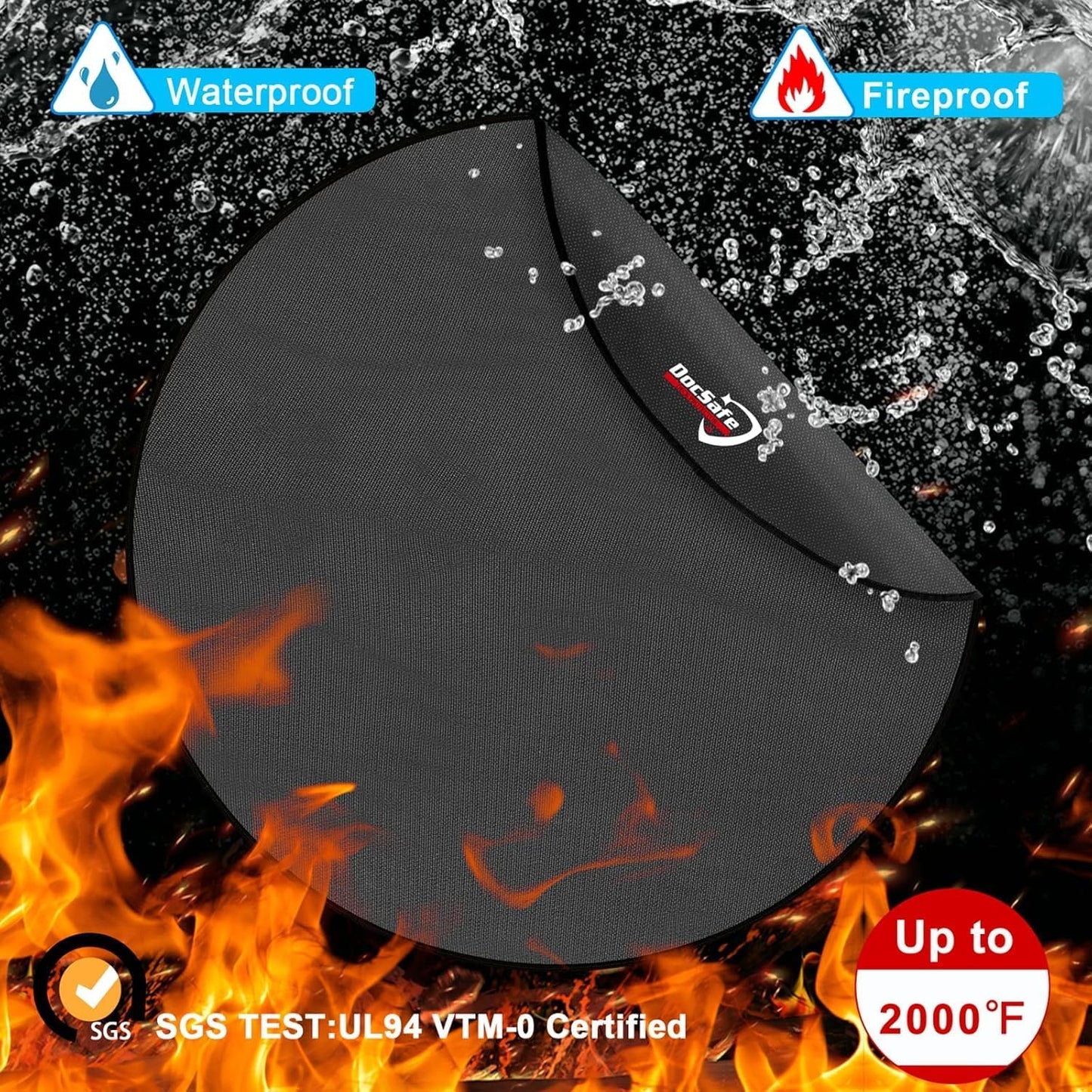 Black round 48-inch fireproof fire pit mat placed under an outdoor fire pit on a wooden deck