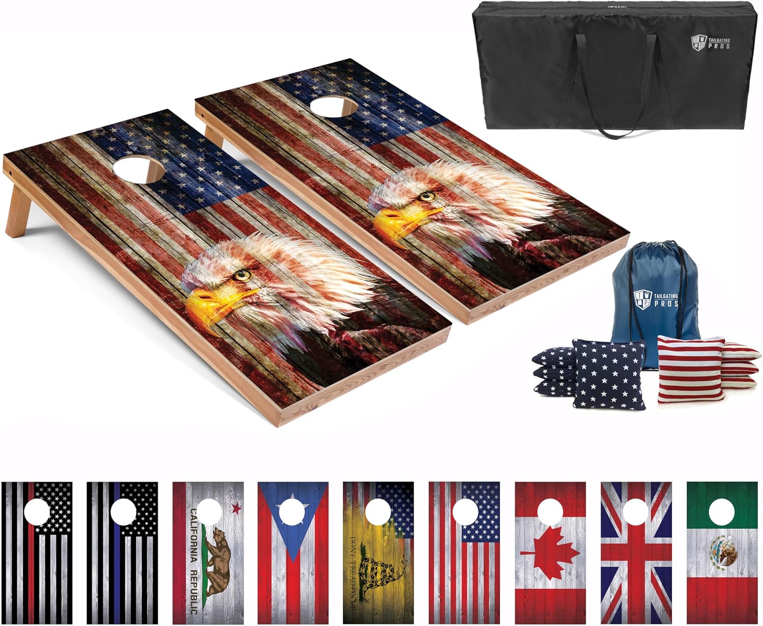 Tailgating Pros regulation cornhole boards with patriotic eagle flag design, 8 bean bags and carrying cases on green grass