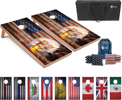 Tailgating Pros regulation cornhole boards with patriotic eagle flag design, 8 bean bags and carrying cases on green grass