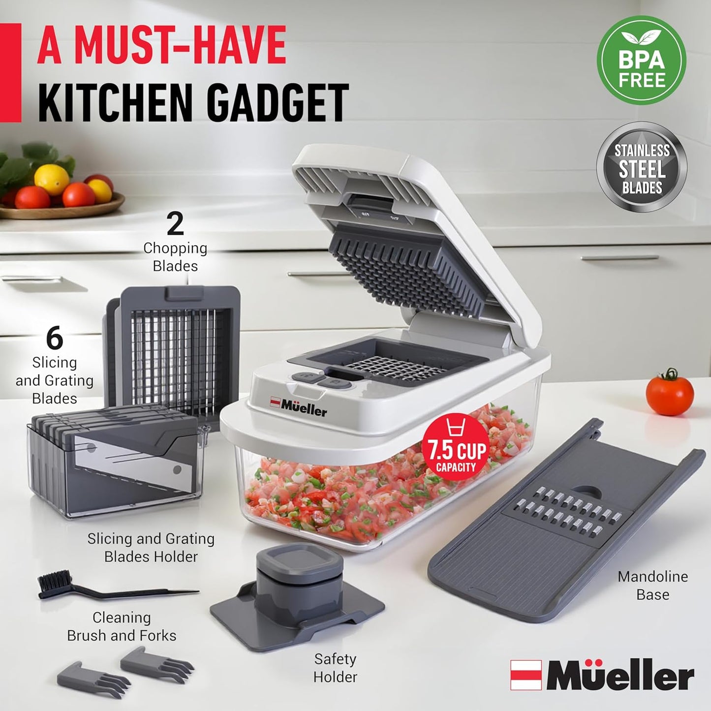Mueller Original Pro Chopper — 10-in-1 Vegetable Chopper & Mandoline Slicer with Container