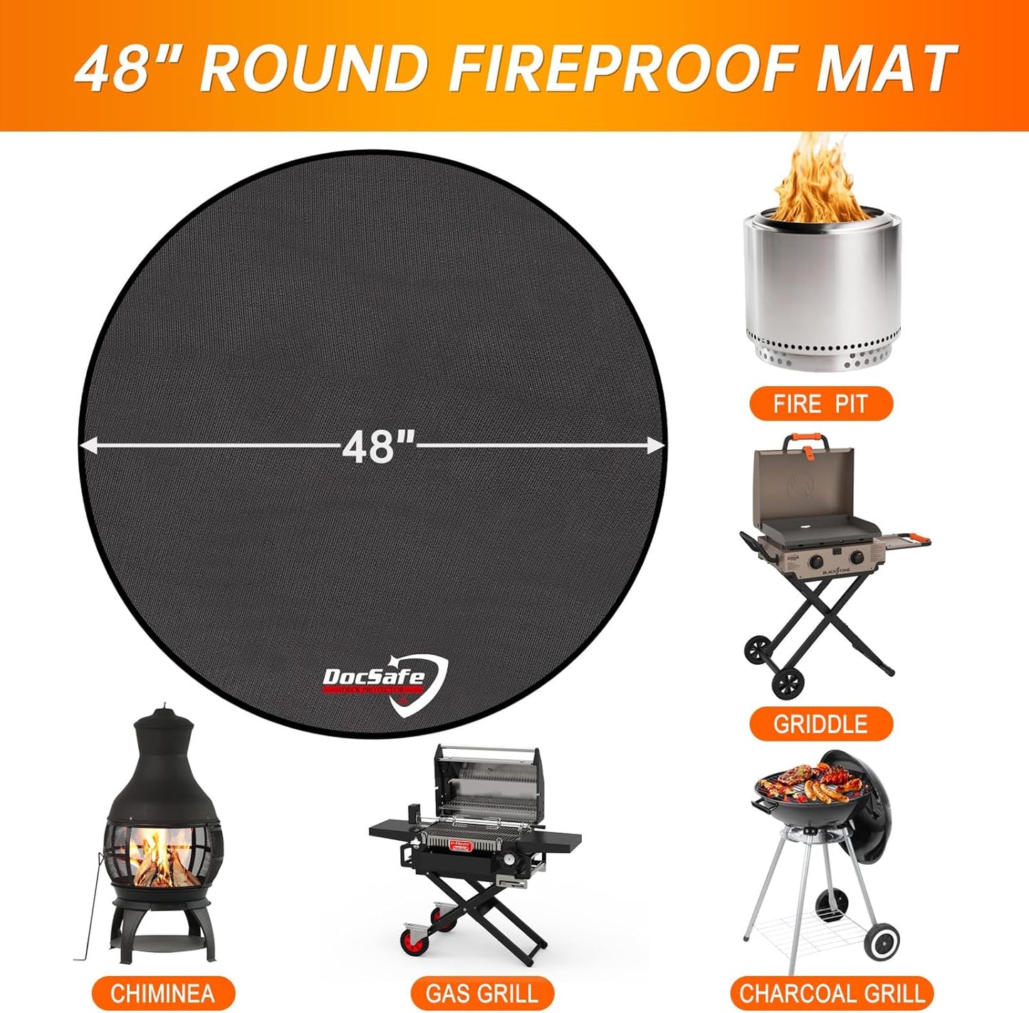 Black round 48-inch fireproof fire pit mat placed under an outdoor fire pit on a wooden deck