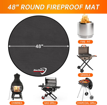 Black round 48-inch fireproof fire pit mat placed under an outdoor fire pit on a wooden deck
