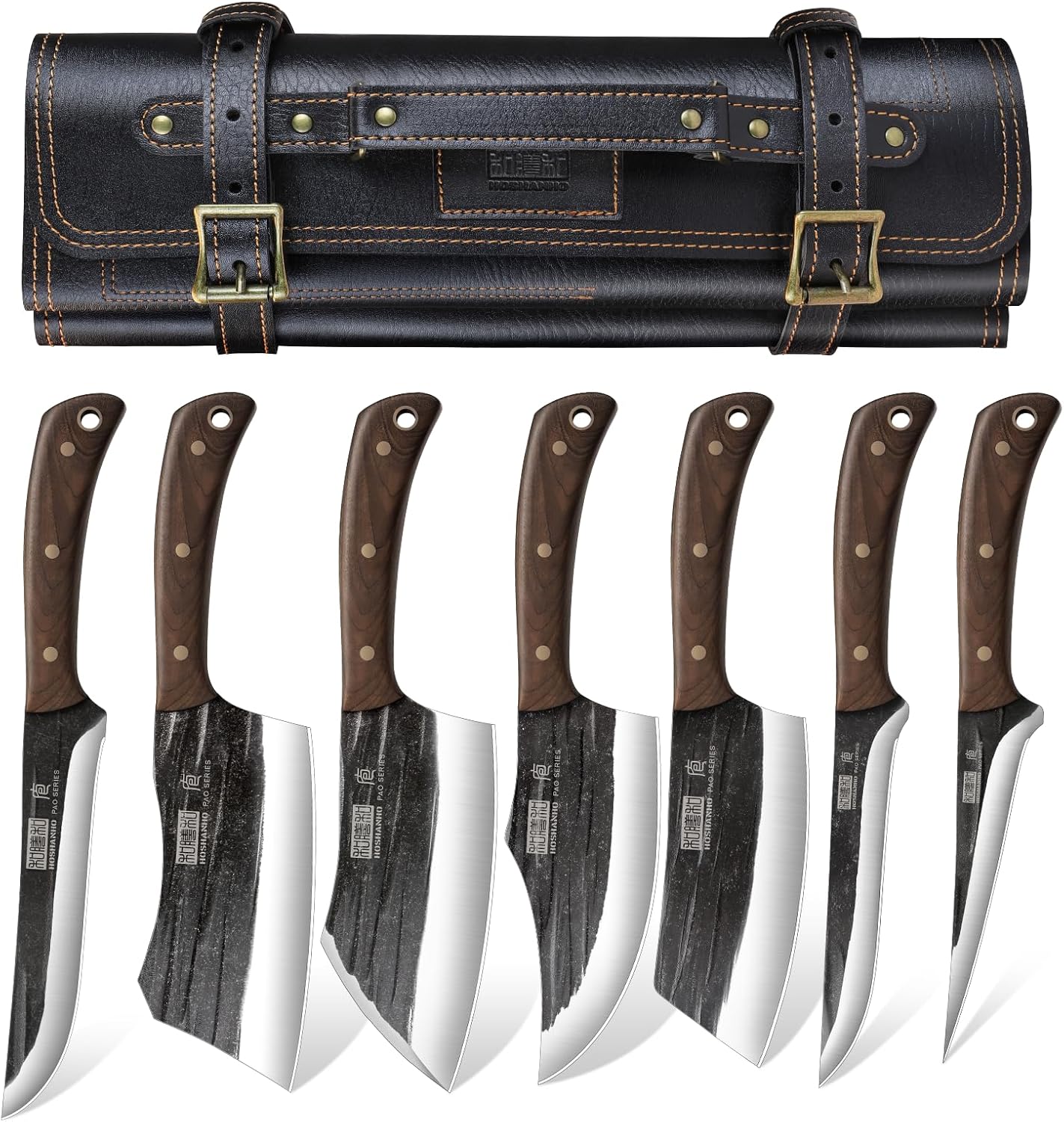 HOSHANHO hand forged butcher knife set with meat cleaver bone chopper and fillet knives in roll bag BBQ and camping gift for men