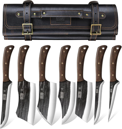 HOSHANHO hand forged butcher knife set with meat cleaver bone chopper and fillet knives in roll bag BBQ and camping gift for men