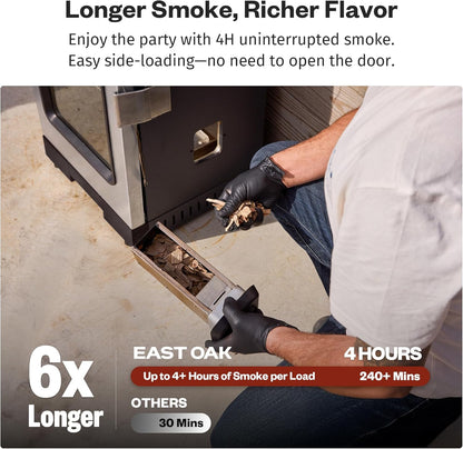EAST OAK 30-inch electric smoker in mist silver with 725 square inch cooking area, built-in meat probe, and side chip loader for outdoor BBQ smoking