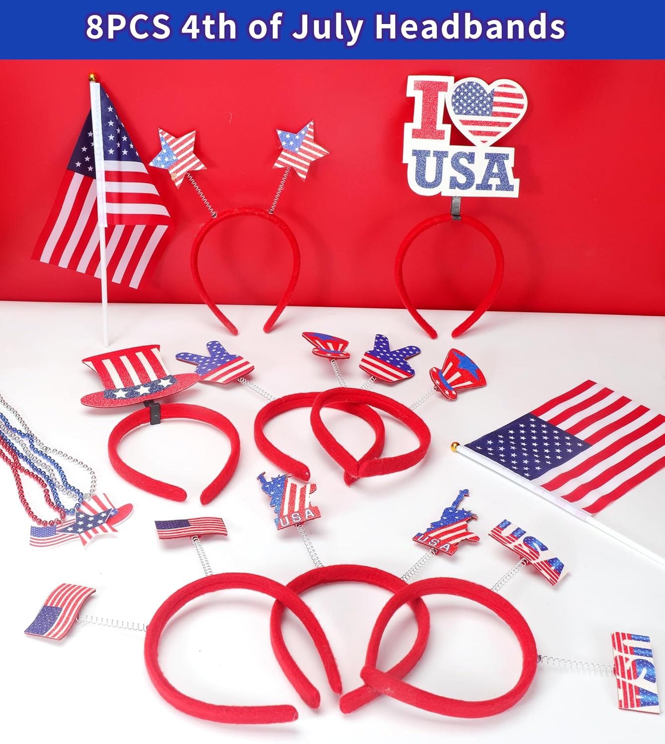 188 piece 4th of July party favors and accessories set including headbands glasses necklaces bracelets tattoo stickers and USA flag decorations