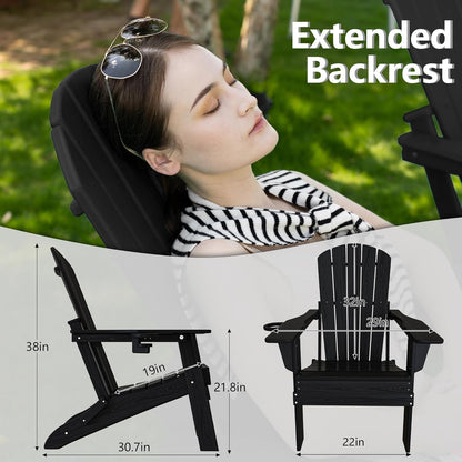 Plawdlik folding Adirondack chair set of 4 in black HDPE with wood texture finish and cup holders arranged on backyard patio