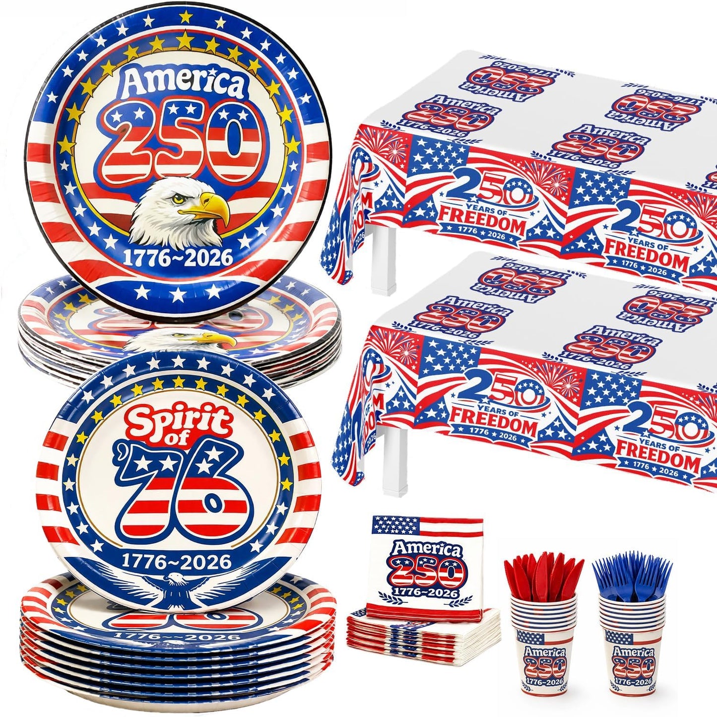 252 piece America 250th Anniversary party supplies set 1776-2026 patriotic decorations serving 50 guests with plates cups napkins tablecloths knives and forks for 4th of July