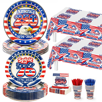252 piece America 250th Anniversary party supplies set 1776-2026 patriotic decorations serving 50 guests with plates cups napkins tablecloths knives and forks for 4th of July
