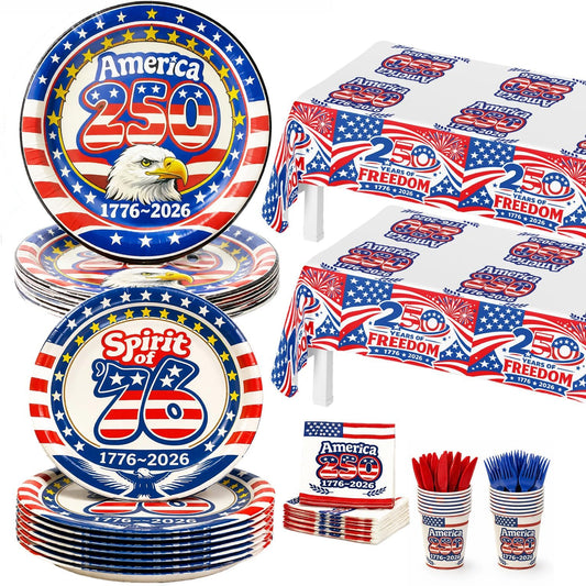 252 piece America 250th Anniversary party supplies set 1776-2026 patriotic decorations serving 50 guests with plates cups napkins tablecloths knives and forks for 4th of July