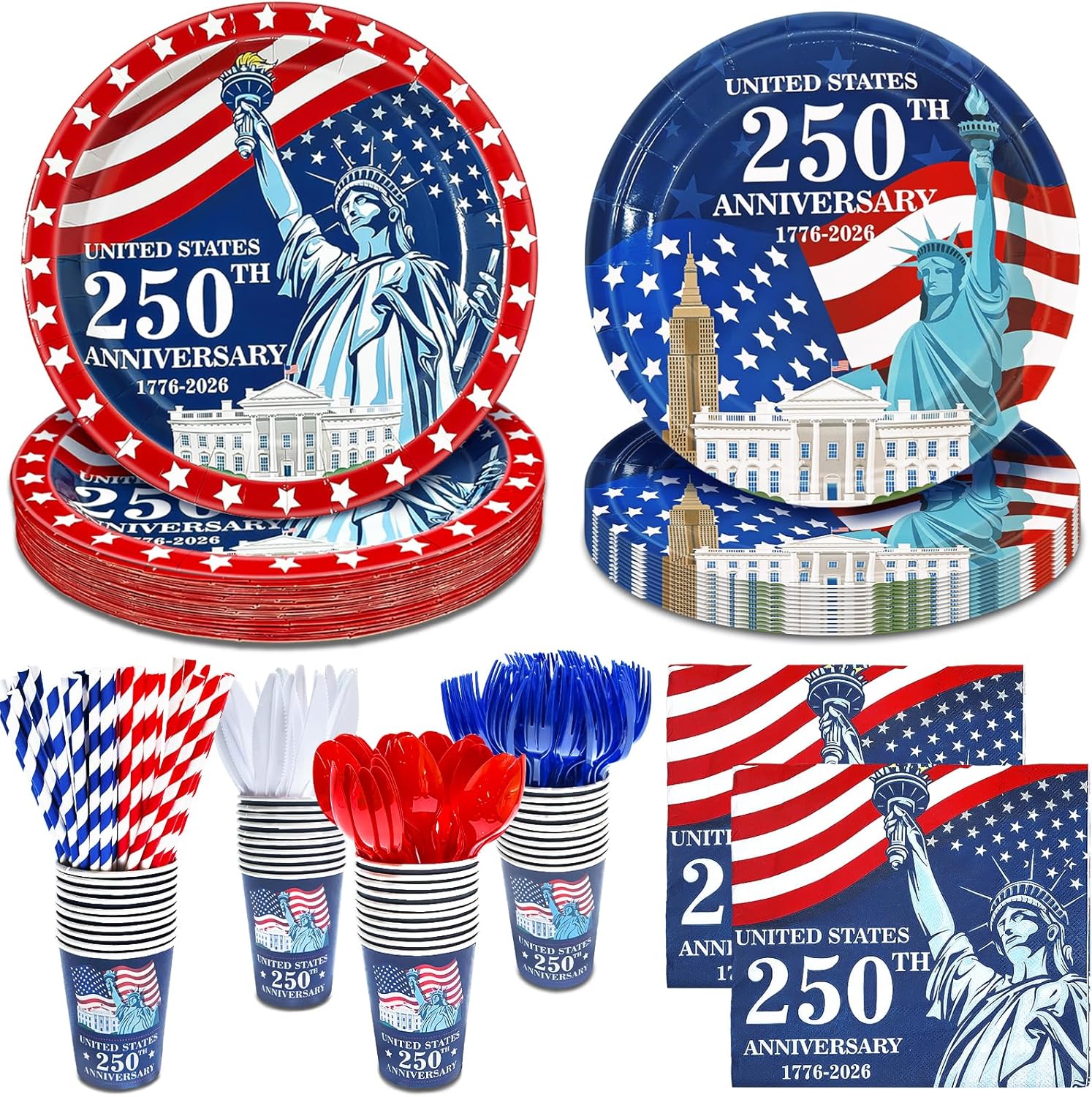 256-piece 4th of July patriotic party supplies set in red white and blue including disposable plates cups napkins cutlery forks spoons and straws serving 32 guests