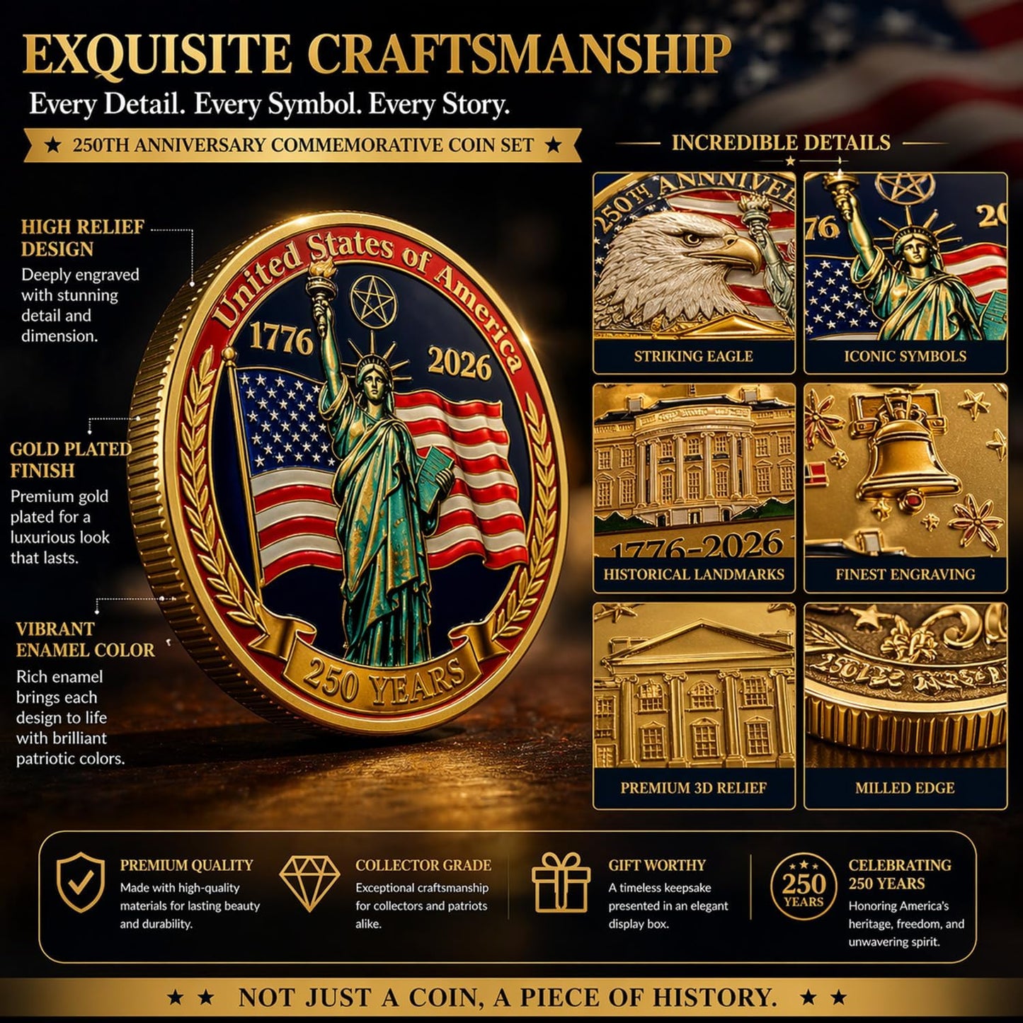 250th Anniversary USA Coin Set (1776–2026) — 4-Piece Patriotic Challenge Coins with Wooden Box & Card | America 250th Commemorative Keepsake Gift