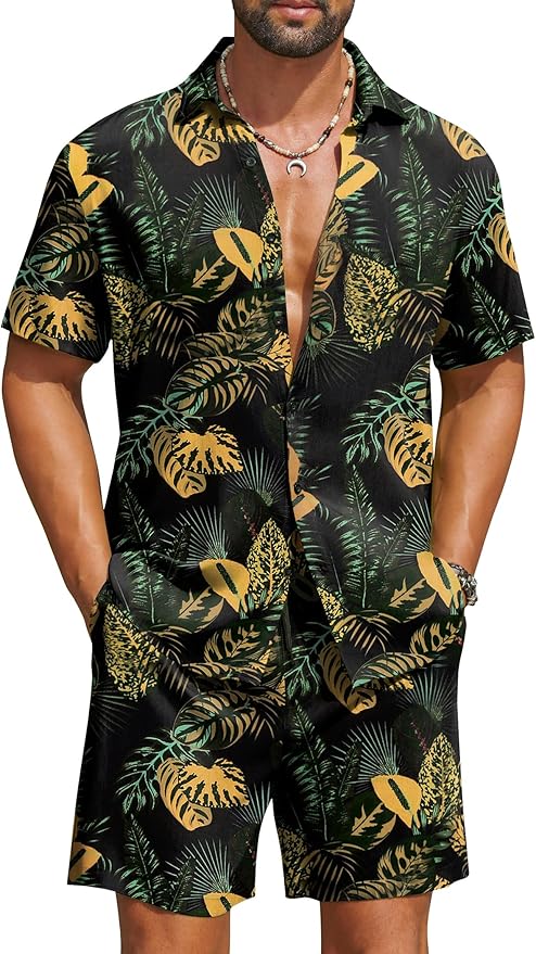 COOFANDY men's Hawaiian floral button-down shirt and matching shorts 2-piece summer beach vacation outfit