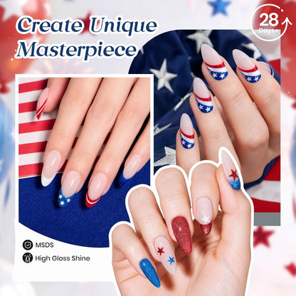 Beetles 4th of July gel nail polish set with 6 red white and blue cat eye and glitter shades displayed with magnet and nail stickers as a patriotic DIY nail art gift for women