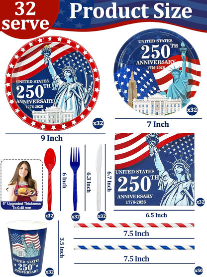 256-piece 4th of July patriotic party supplies set in red white and blue including disposable plates cups napkins cutlery forks spoons and straws serving 32 guests